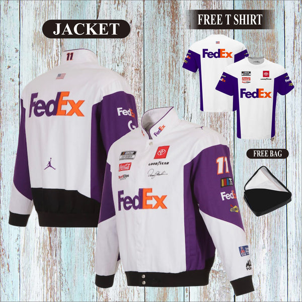 Nascar Jacket UNISEX Denny Hamlin White FedEx Full-Snap Pit Jacket (Free T-Shirt, Free Bag)