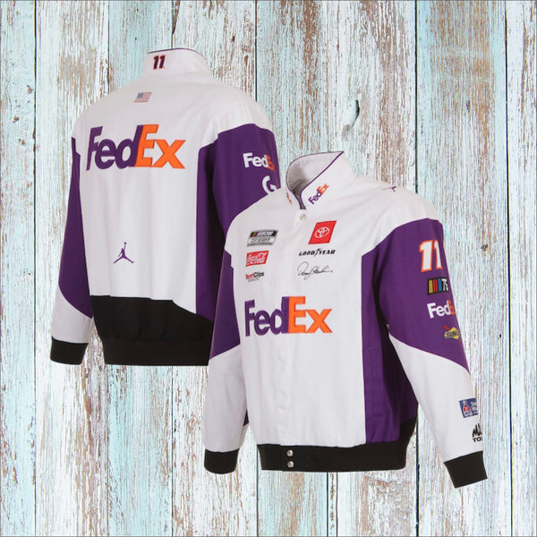 Nascar Jacket UNISEX Denny Hamlin White FedEx Full-Snap Pit Jacket (Free T-Shirt, Free Bag)