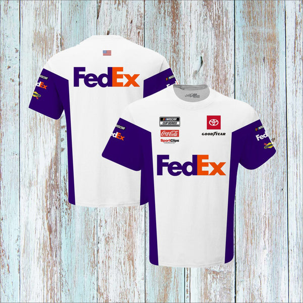 Nascar Jacket UNISEX Denny Hamlin White FedEx Full-Snap Pit Jacket (Free T-Shirt, Free Bag)