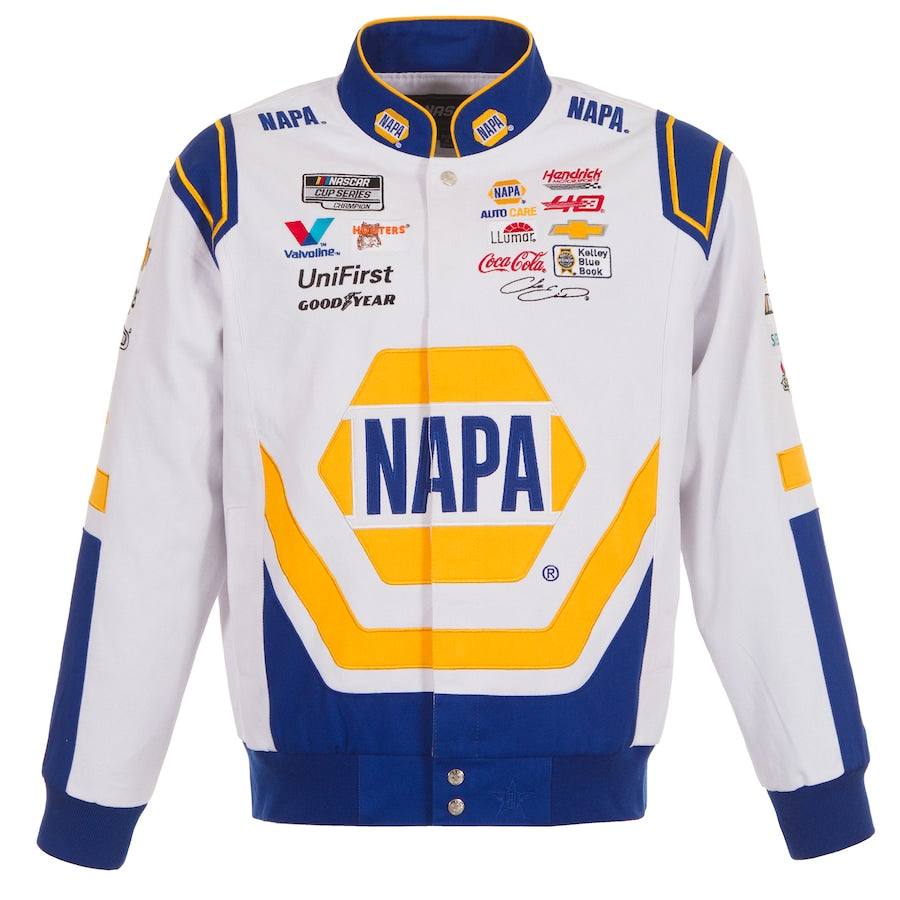 Men's Chase Elliott JH Design White NAPA Twill Driver Uniform Full-Snap Jacket