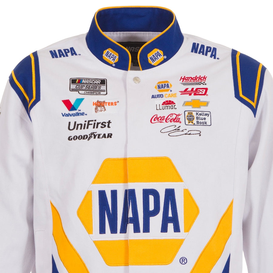 Men's Chase Elliott JH Design White NAPA Twill Driver Uniform Full-Snap Jacket