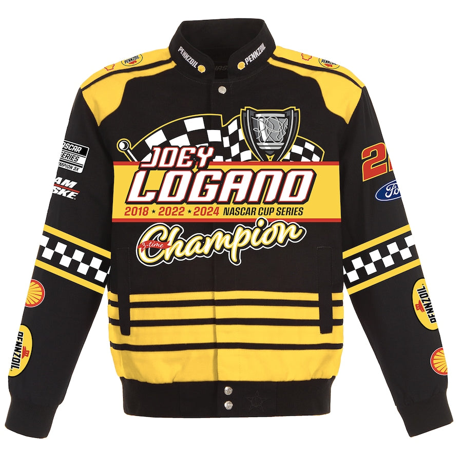 Men's Joey Logano JH Design Black 2024 NASCAR Cup Series Champion Twill Full-Button Jacket