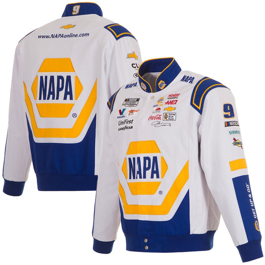 Men's Chase Elliott JH Design White NAPA Twill Driver Uniform Full-Snap Jacket