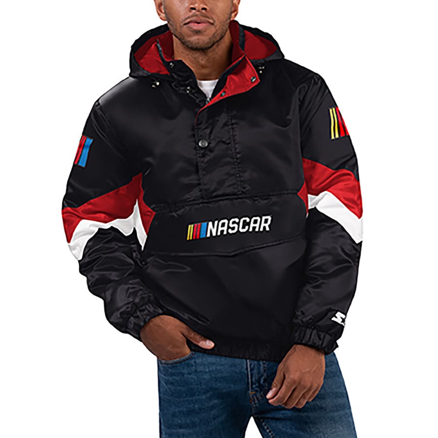 Men's NASCAR Starter Black Home Team Satin Half-Zip Hoodie Jacket