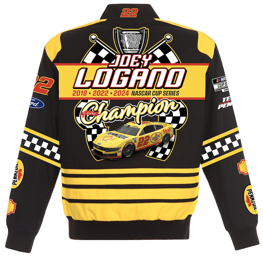 Men's Joey Logano JH Design Black 2024 NASCAR Cup Series Champion Twill Full-Button Jacket